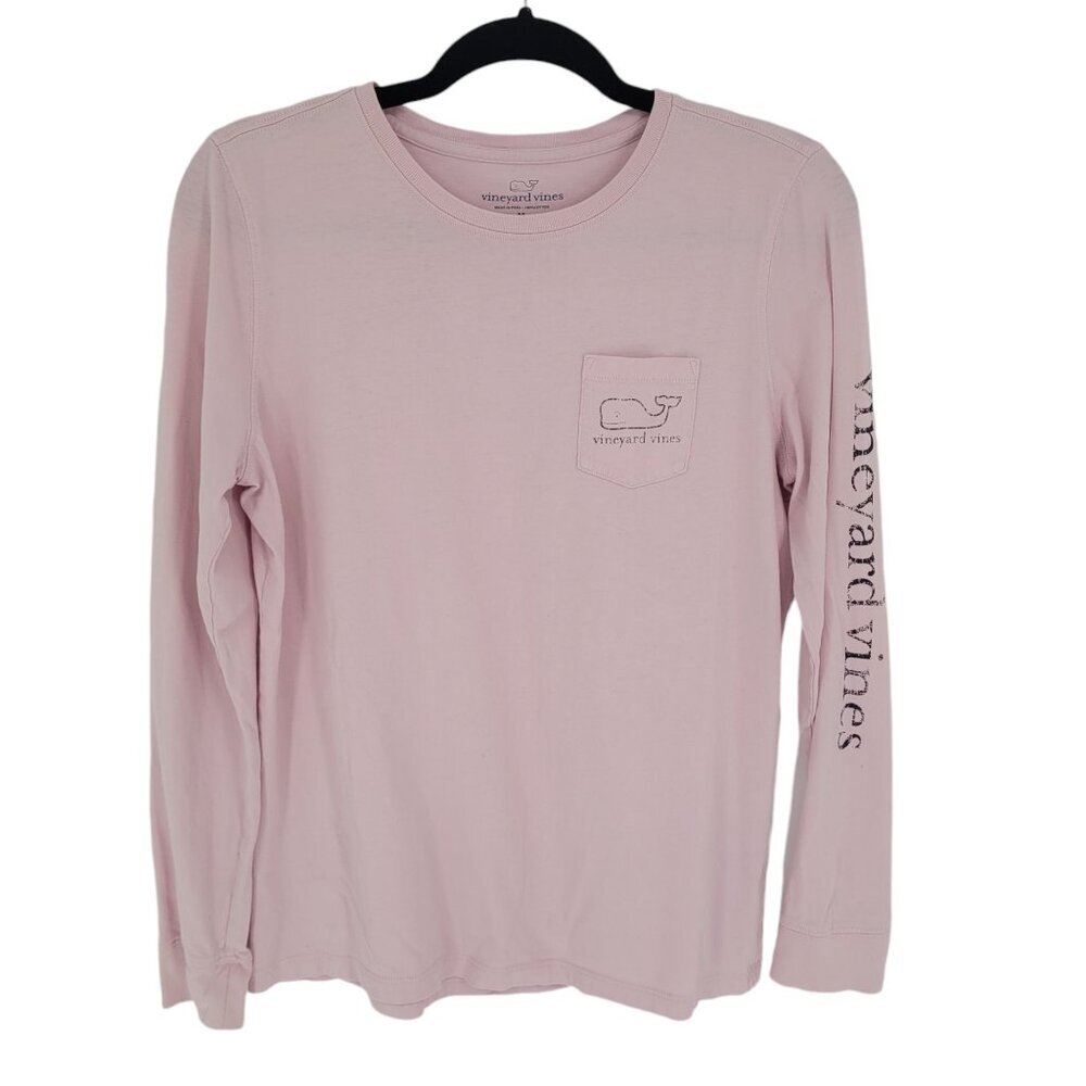 Vineyard vines womens medium pink what graphic long sleeve spell out pocket tee